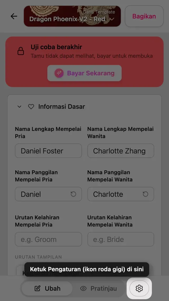 Ikon roda gigi pengaturan di bagian atas editor