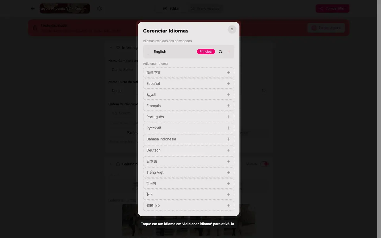 O painel de idiomas com a lista Adicionar idioma