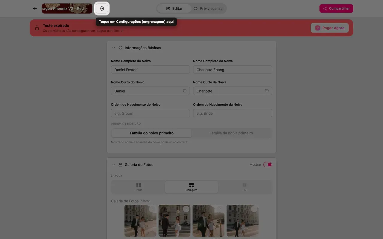 A engrenagem de configurações no topo do editor