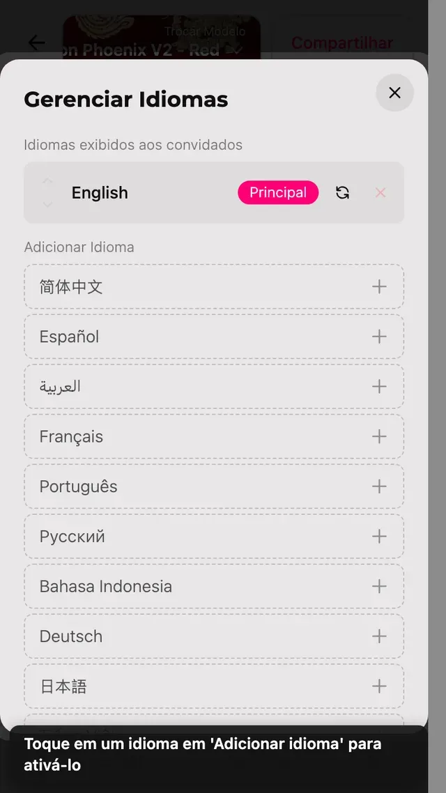 O painel de idiomas com a lista Adicionar idioma