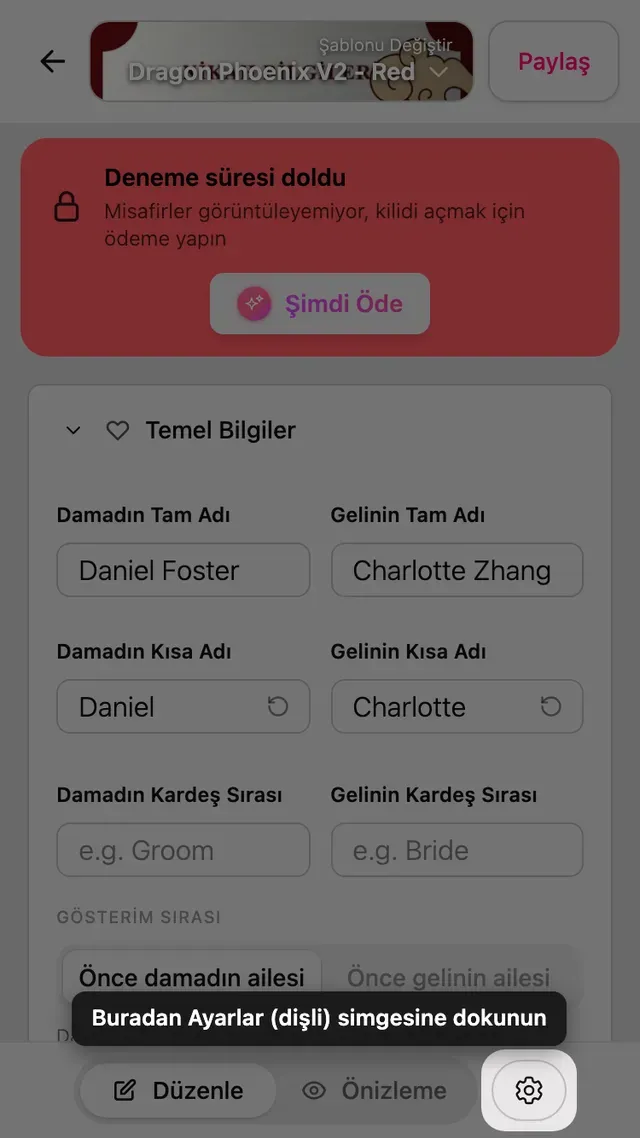 Düzenleyicinin üstündeki ayarlar dişlisi