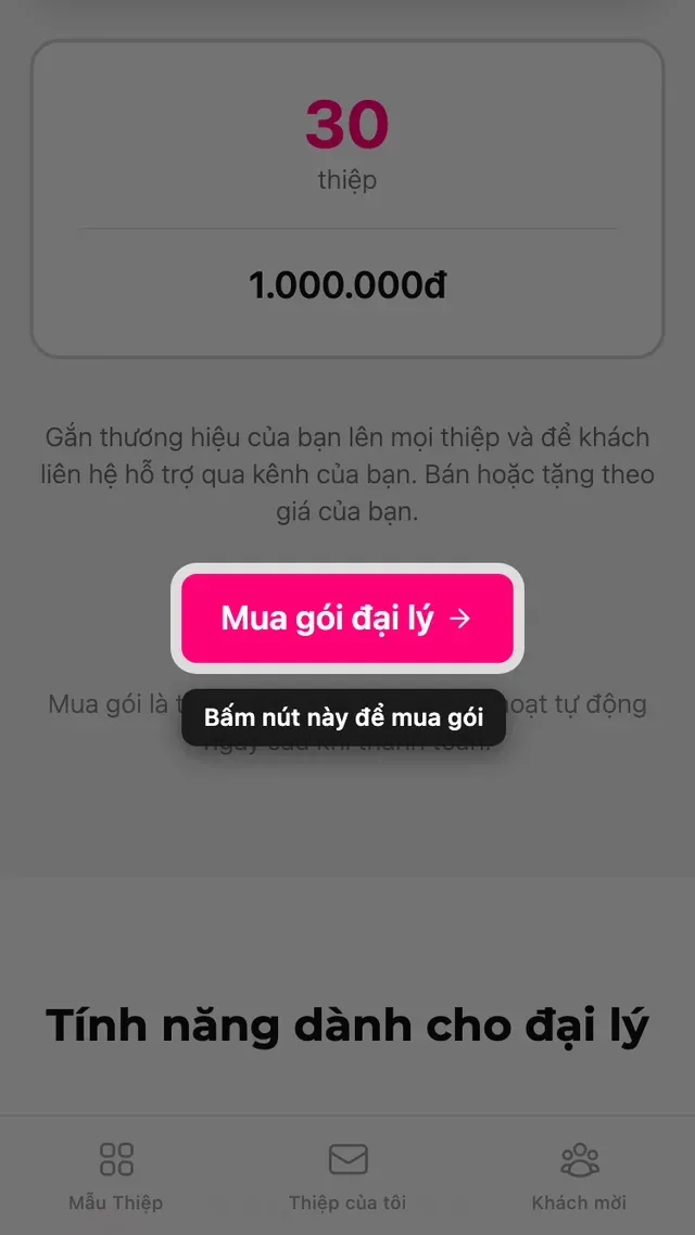 Nút mua gói trên trang đại lý