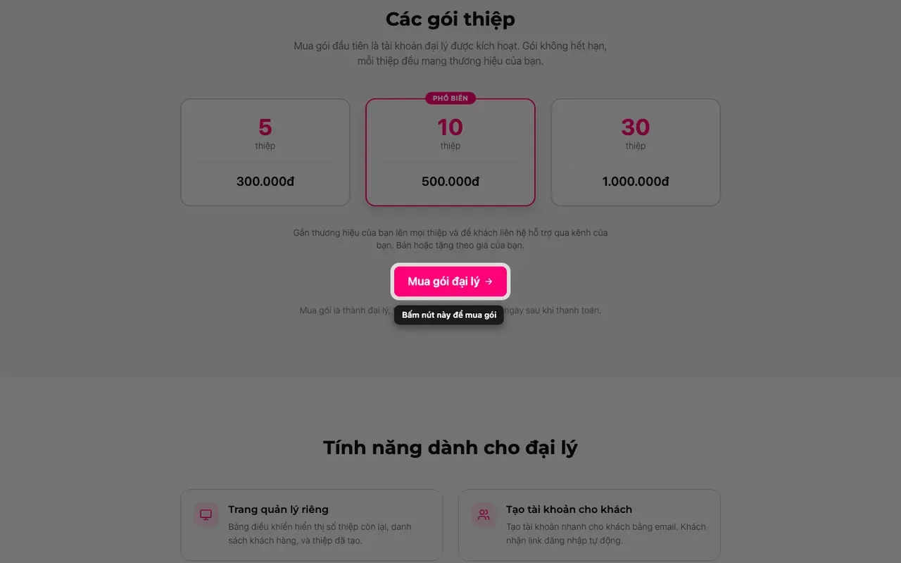 Nút mua gói trên trang đại lý