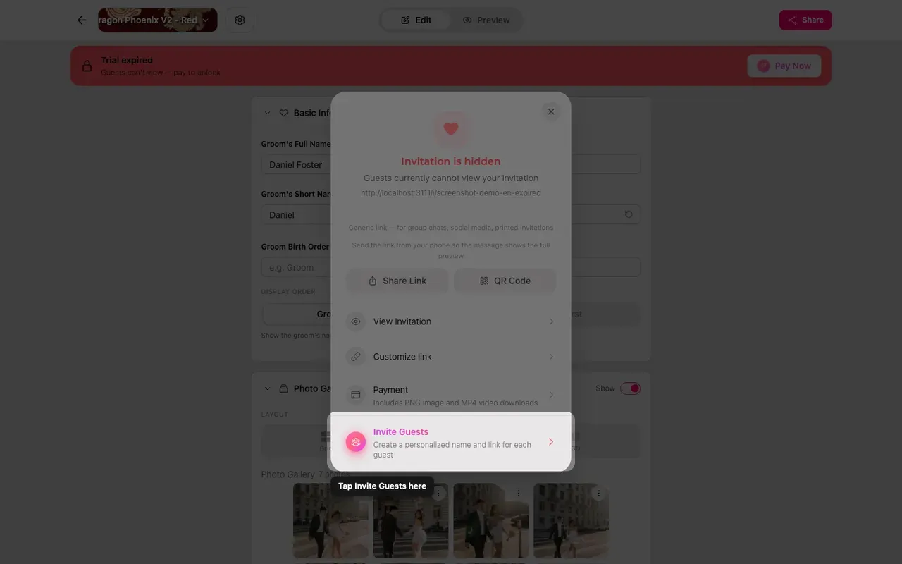 The invite-guests option in the Share panel