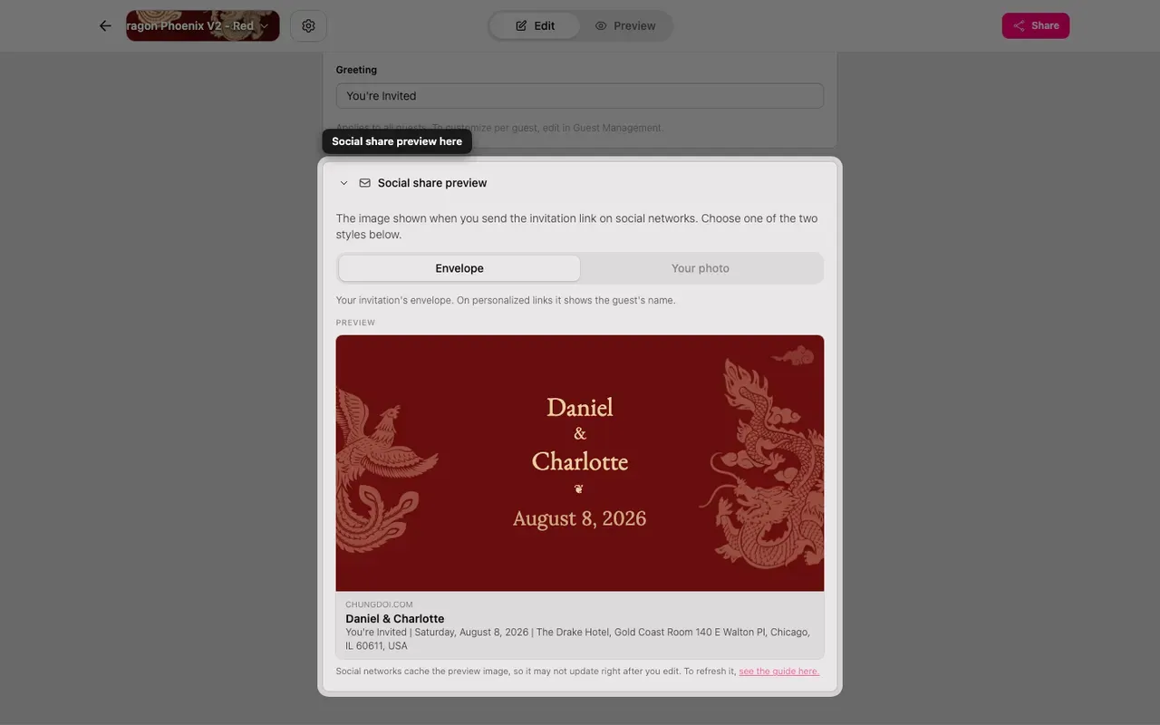 The social share preview section in the editor