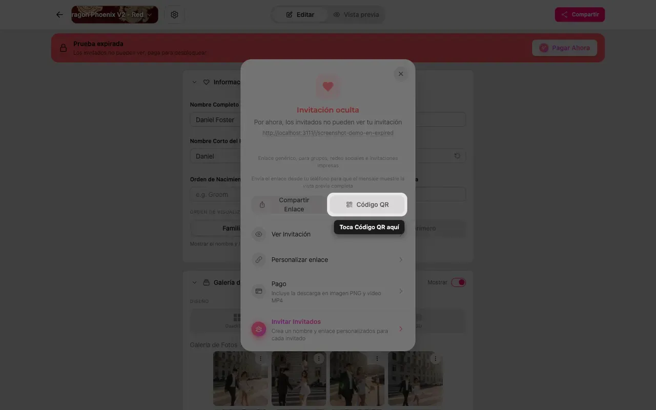 El código QR en el panel Compartir