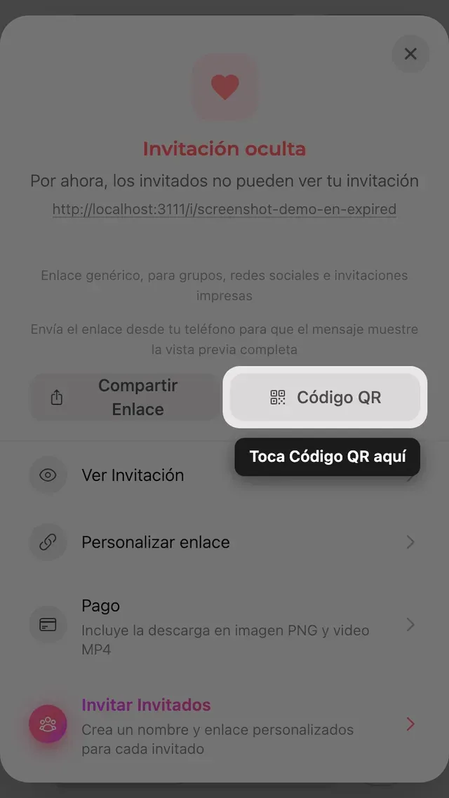 El código QR en el panel Compartir
