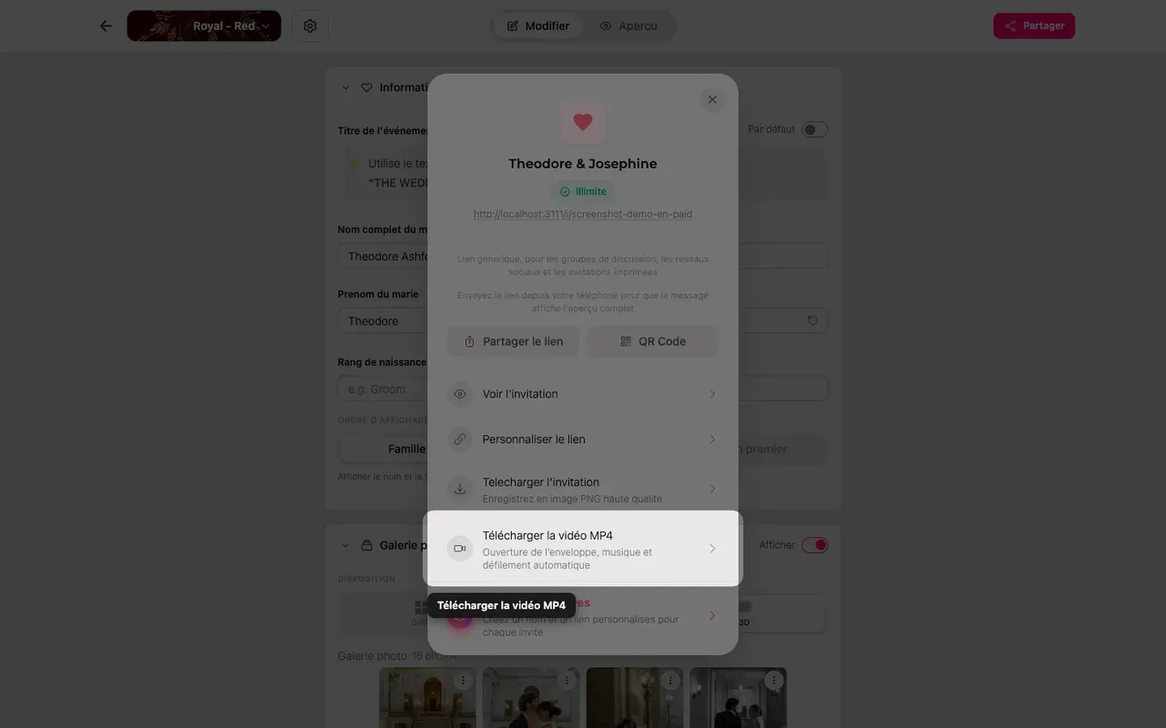 Le bouton de téléchargement de la vidéo MP4 dans le panneau Partager
