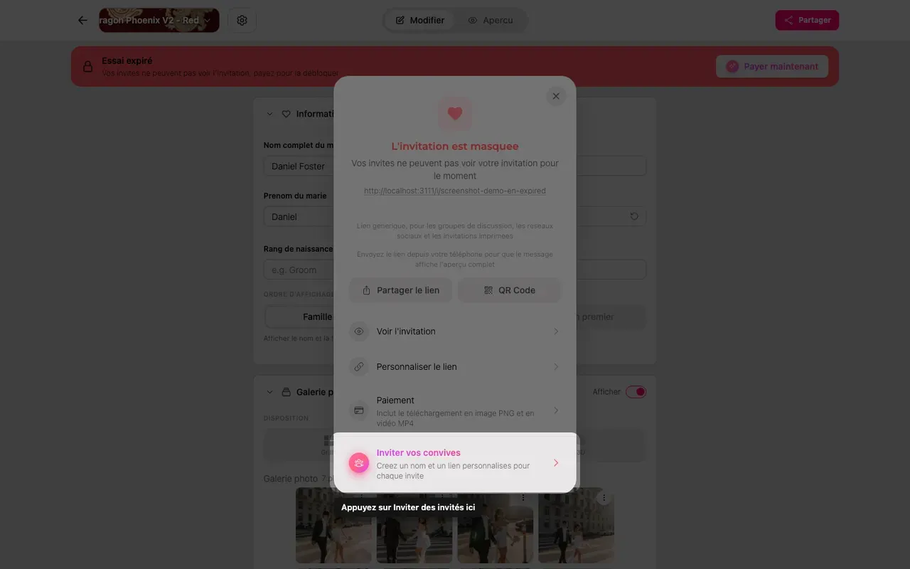 L'option d'invitation des invités dans le panneau Partager
