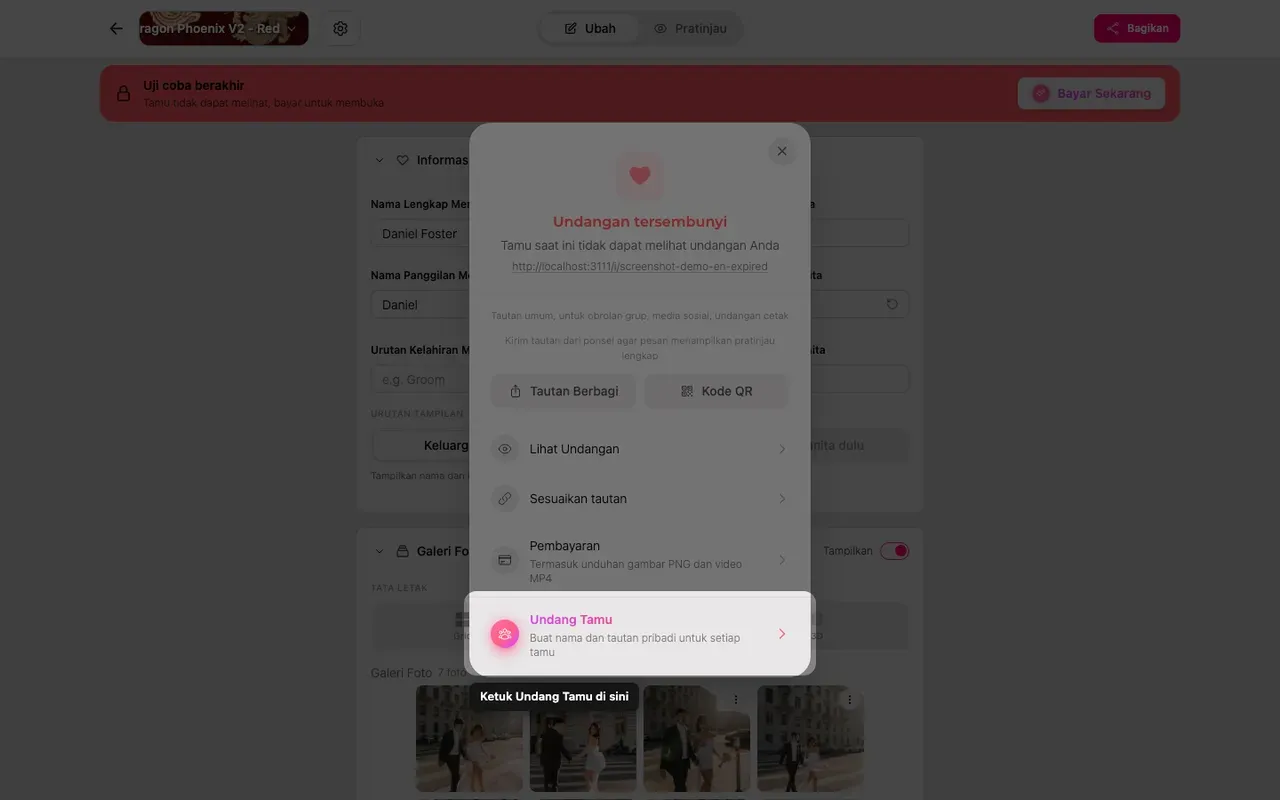 Pilihan mengundang tamu di panel Bagikan