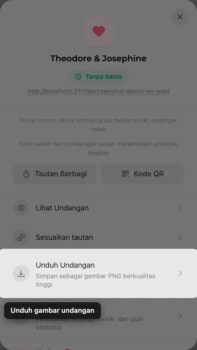 Tombol unduh gambar di panel Bagikan