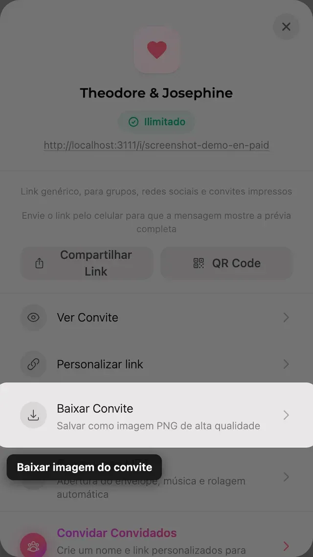 O botão de baixar imagem no painel Compartilhar