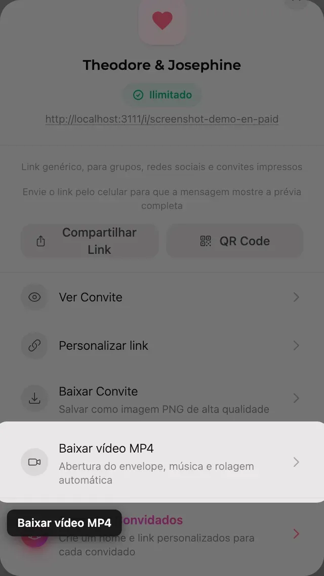 O botão de baixar o vídeo MP4 no painel Compartilhar