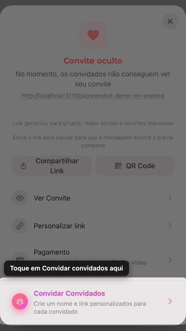 A opção de convidar no painel Compartilhar