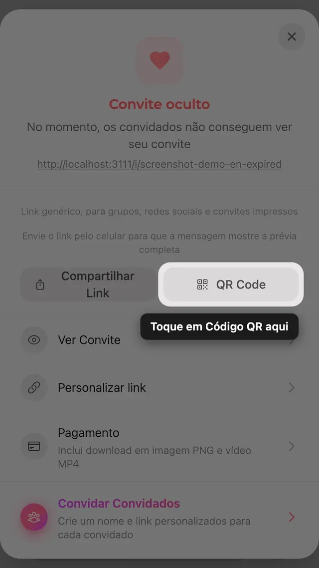 O QR code no painel Compartilhar
