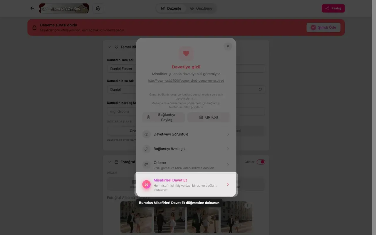 Paylaş panelindeki misafir davet etme seçeneği