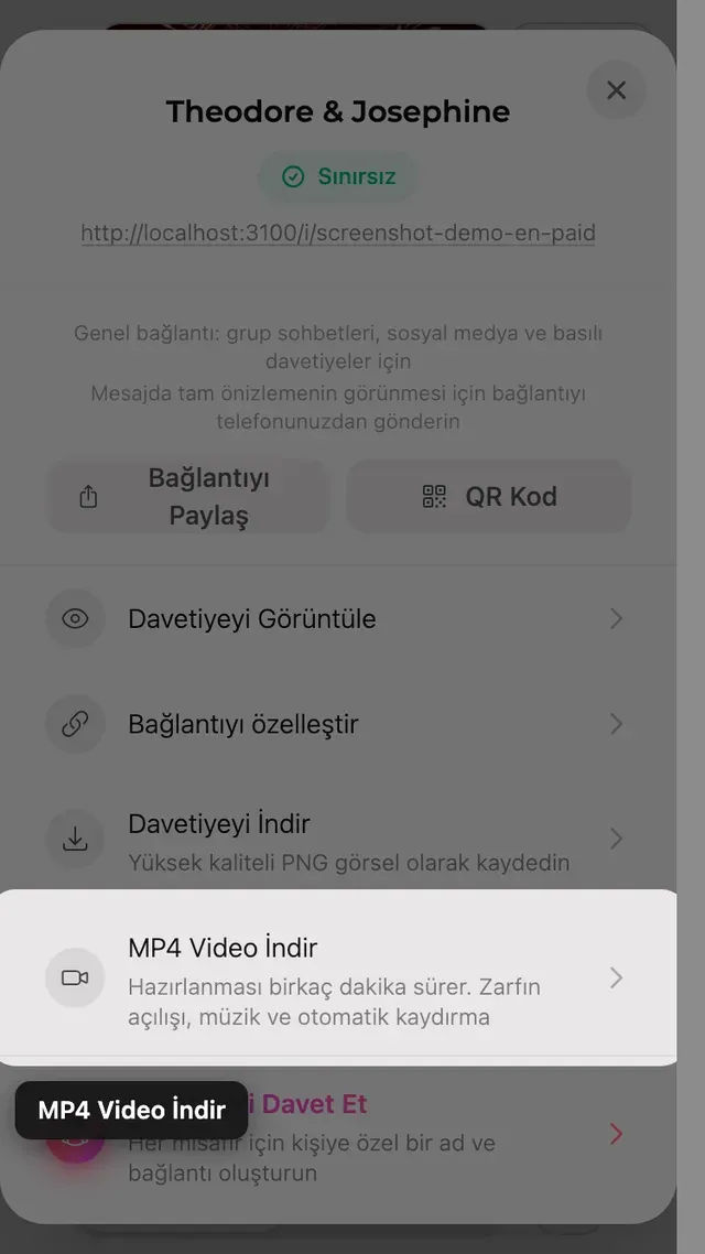 Paylaş panelindeki MP4 video indirme düğmesi