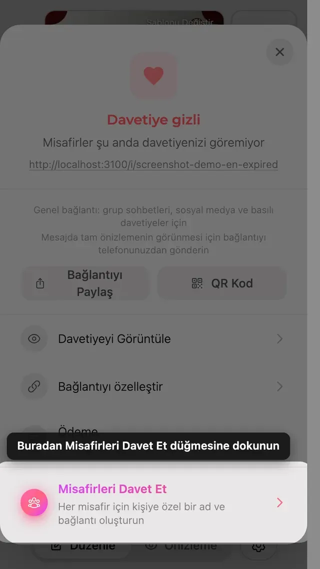 Paylaş panelindeki misafir davet etme seçeneği