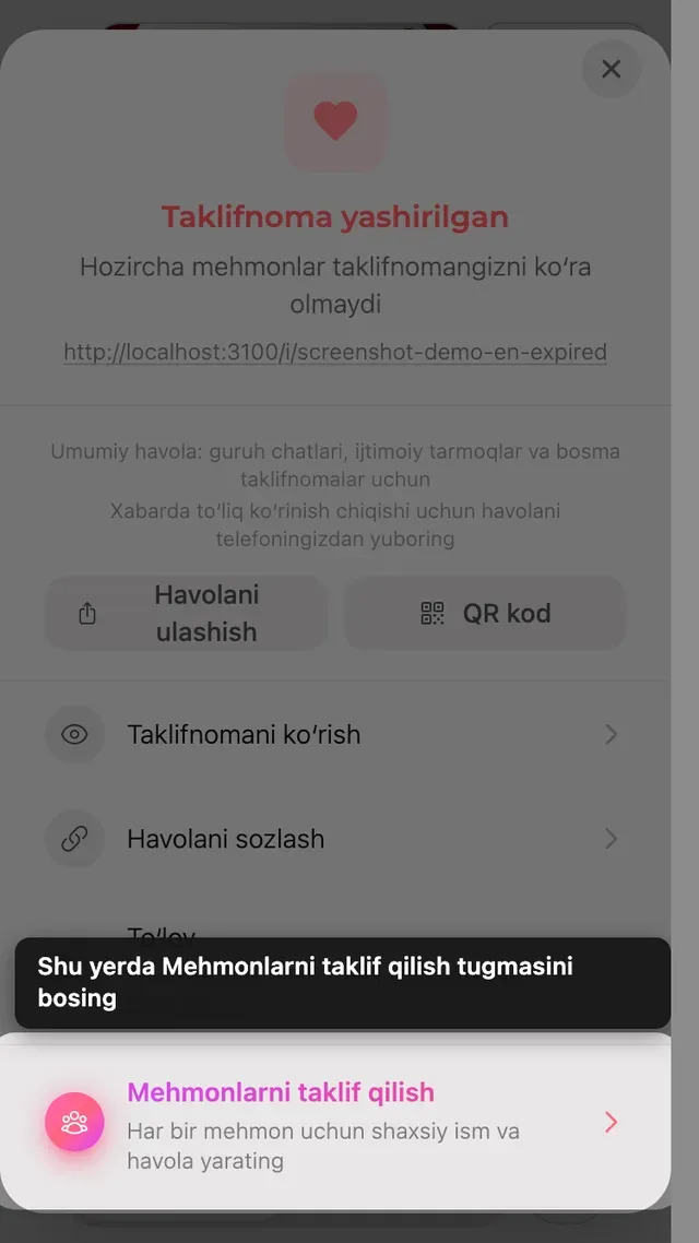 Ulashish panelidagi mehmonlarni taklif qilish bandi