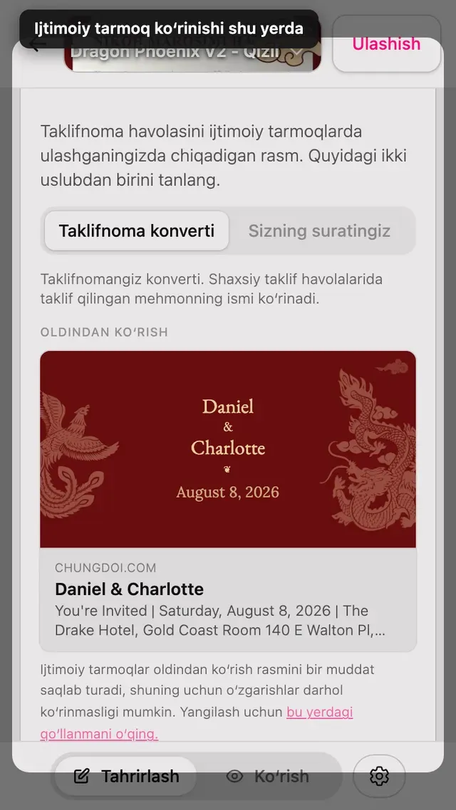Muharrirdagi ijtimoiy tarmoqlarda ulashish koʻrinishi boʻlimi