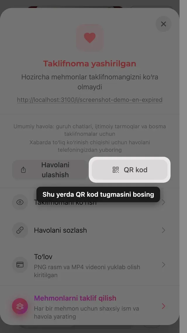 Ulashish panelidagi QR kod