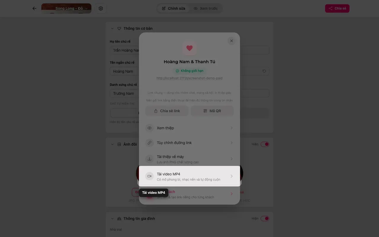 Nút tải video MP4 trong bảng Chia sẻ