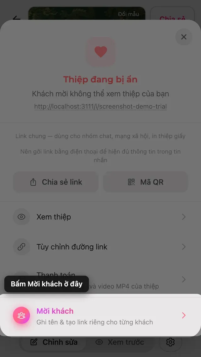 Mục mời khách trong bảng Chia sẻ
