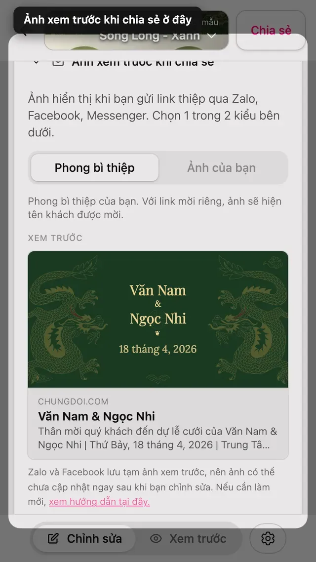 Phần ảnh xem trước khi chia sẻ trong trình chỉnh sửa