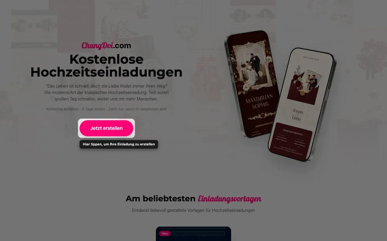 Die Schaltfläche zum Erstellen auf der Tạo Thiệp Online-Startseite