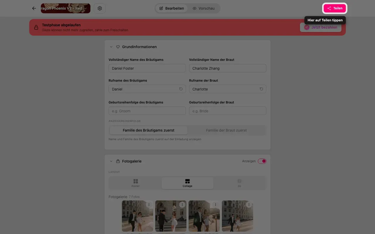 Die Schaltfläche Teilen im Editor