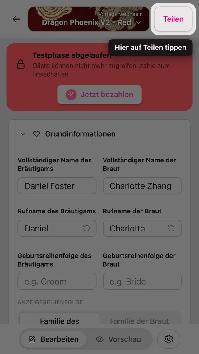 Die Schaltfläche Teilen im Editor