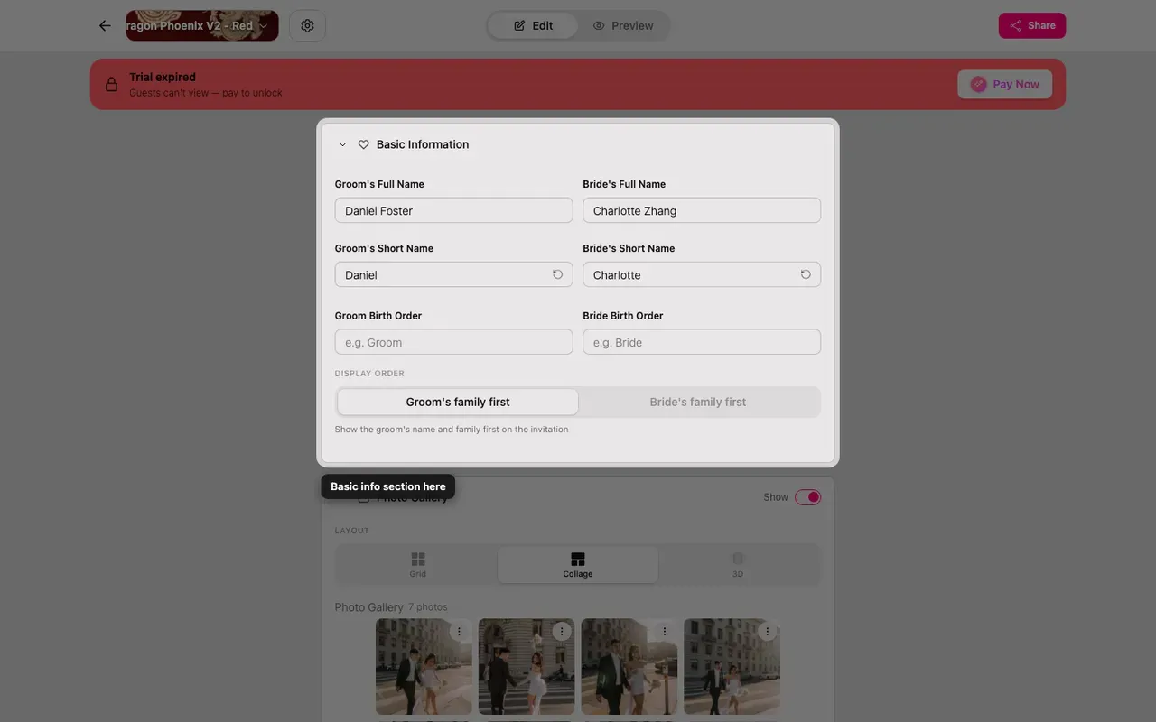 The Basic info section in the editor