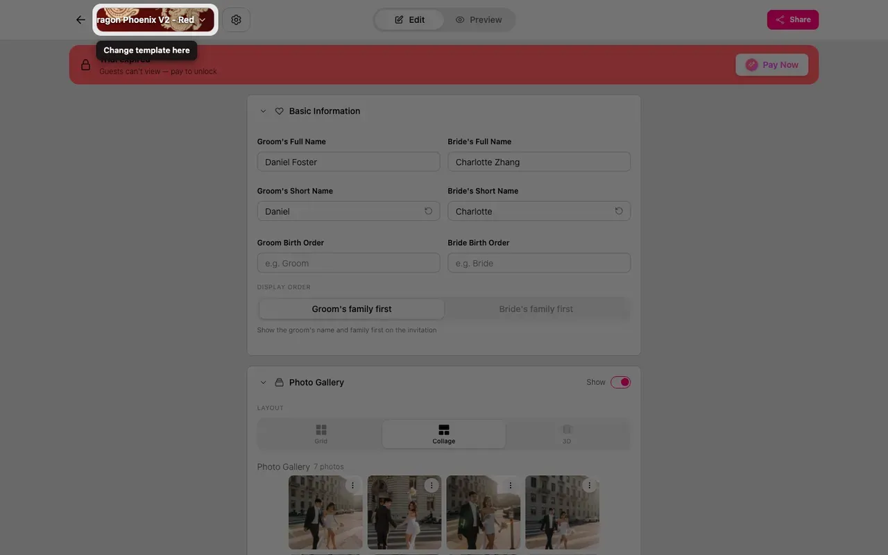 The Change template button at the top of the editor