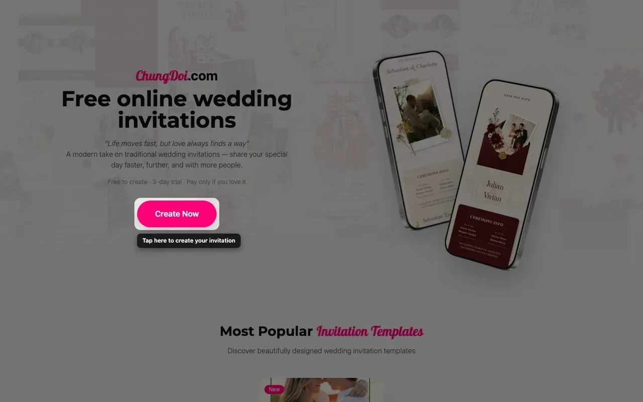 The create invitation button on the Tạo Thiệp Online home page