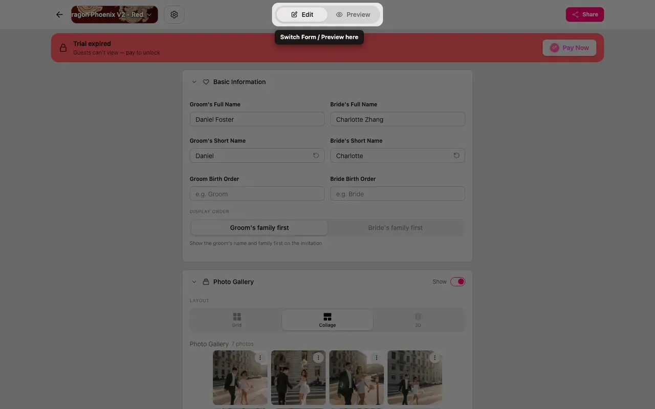 The Form and Preview toggle in the editor