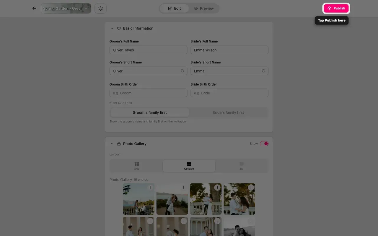 The Publish button in the editor