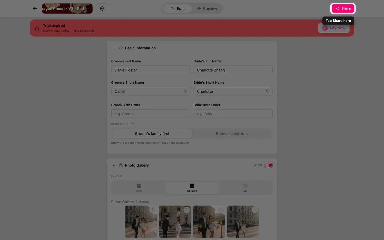 The Share button in the editor