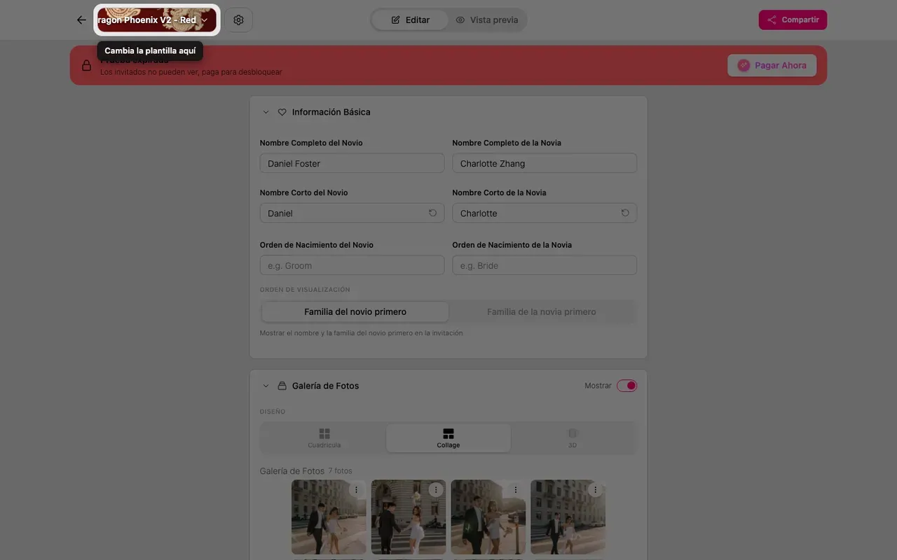 El botón Cambiar plantilla en la parte superior del editor