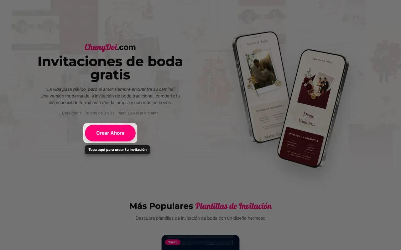 El botón de crear invitación en la página de inicio de Tạo Thiệp Online