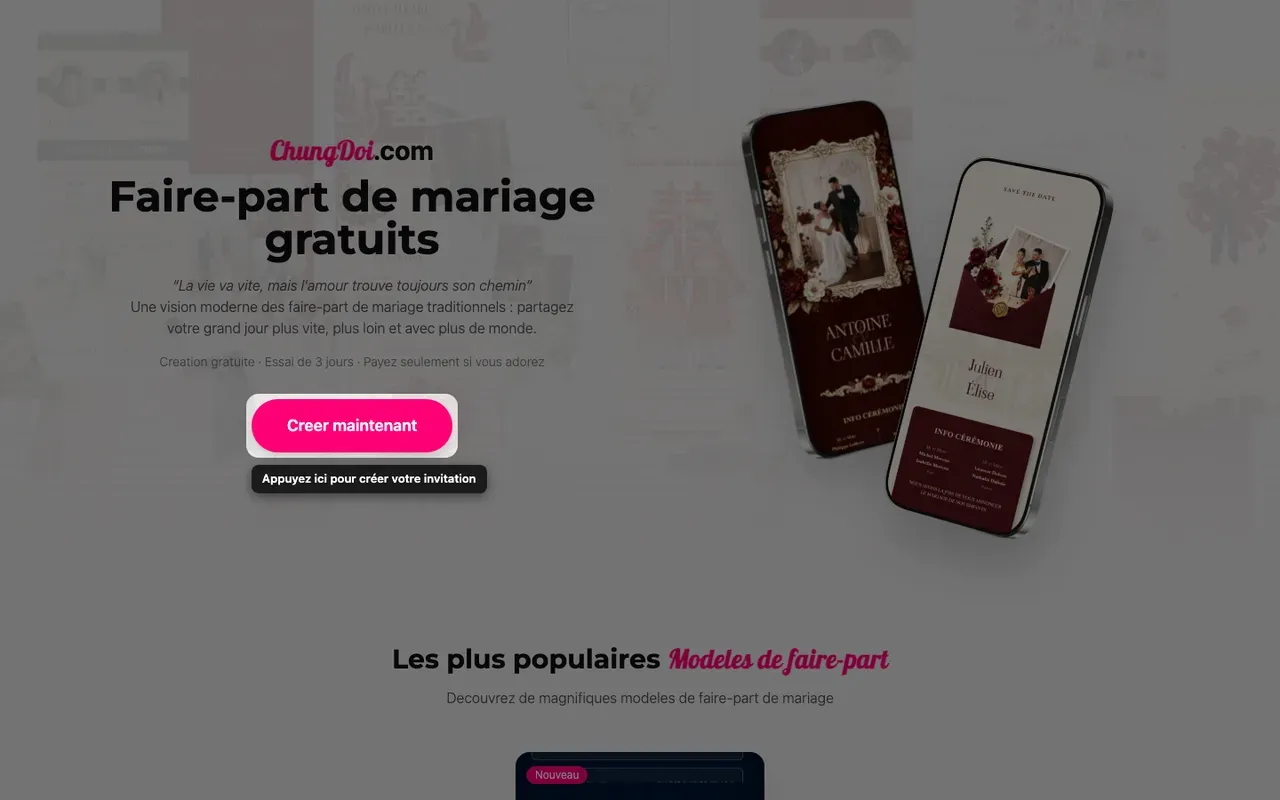 Le bouton de création sur la page d'accueil Tạo Thiệp Online