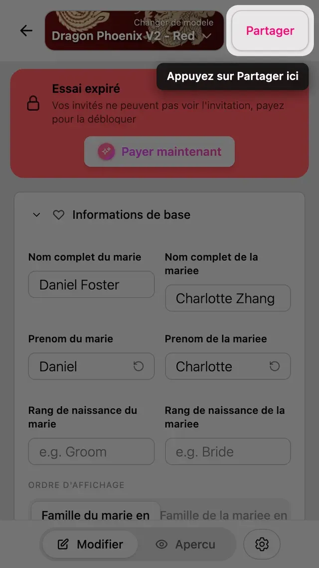 Le bouton Partager dans l'éditeur