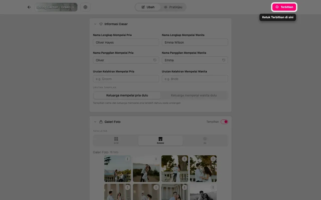 Tombol Terbitkan di editor