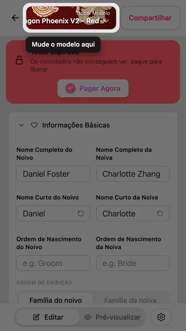 O botão Trocar modelo no topo do editor