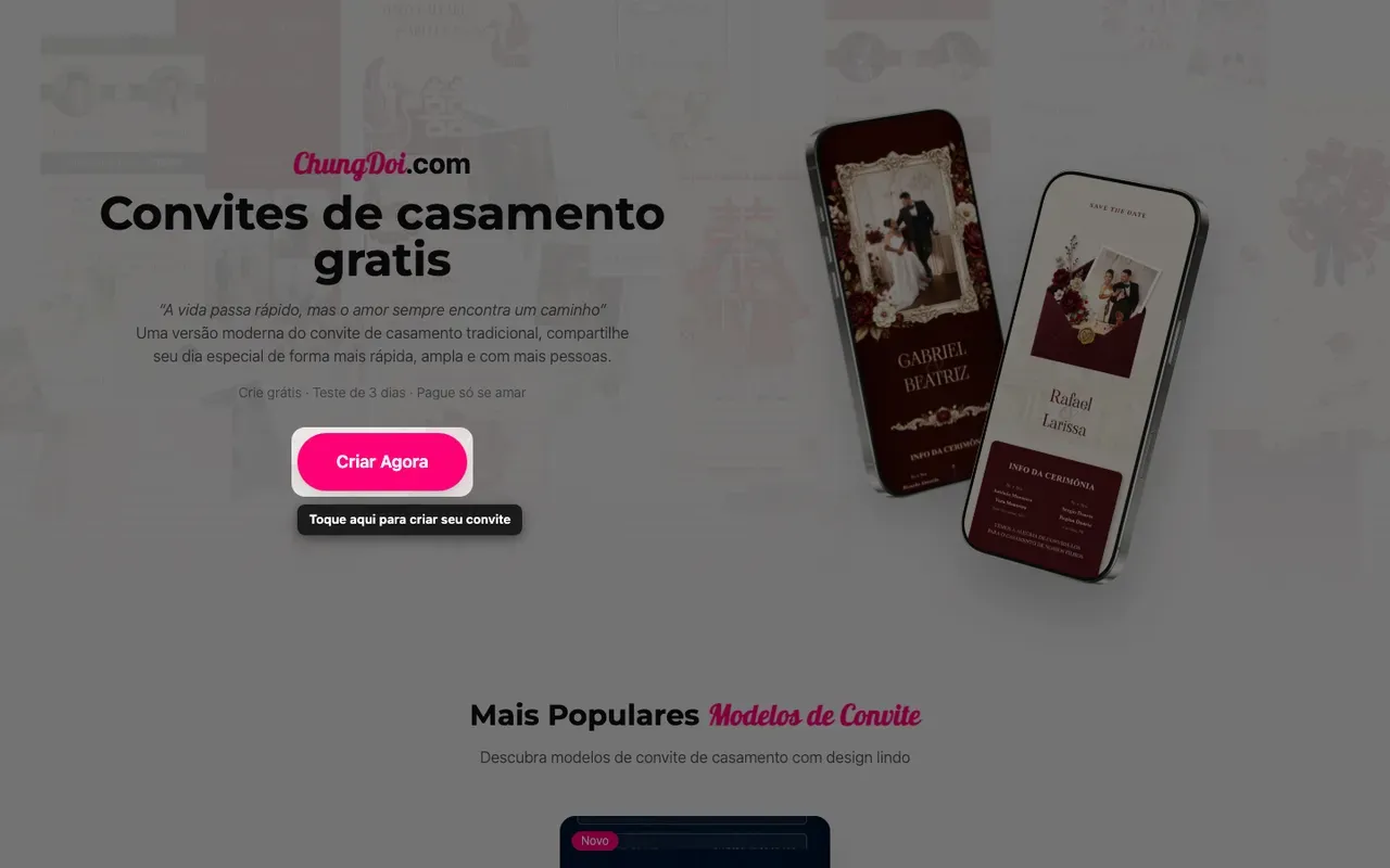 O botão de criar convite na página inicial da Tạo Thiệp Online