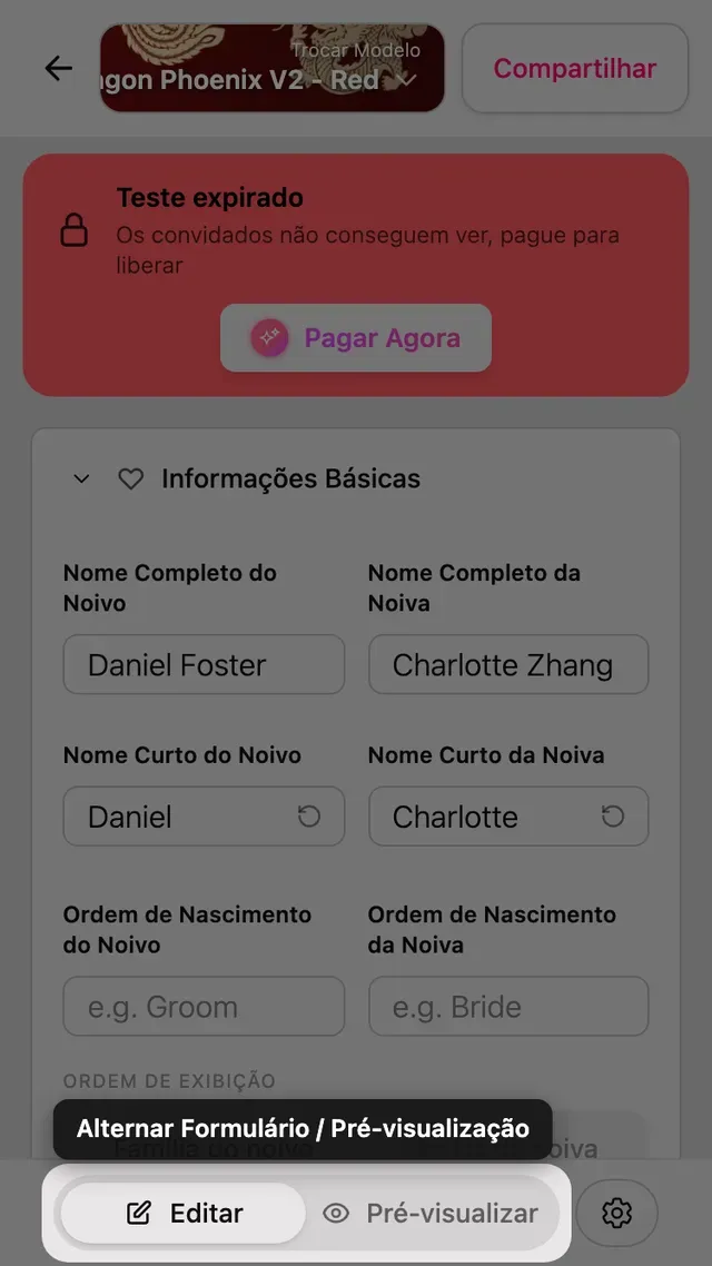O botão de alternar entre Formulário e Pré-visualização no editor