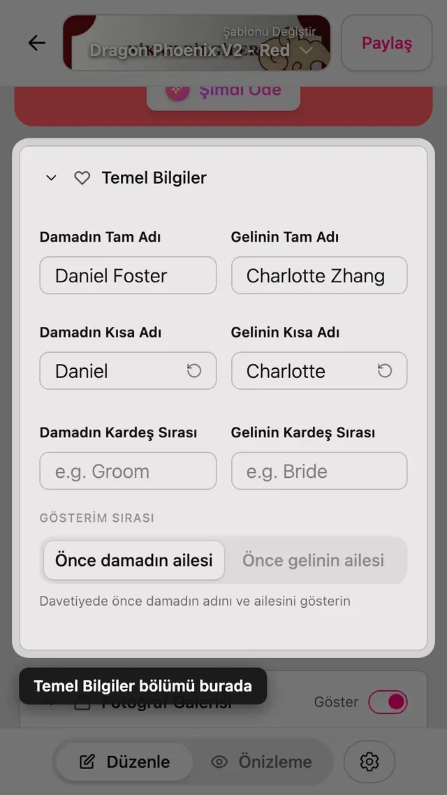 Düzenleyicideki Temel bilgiler bölümü