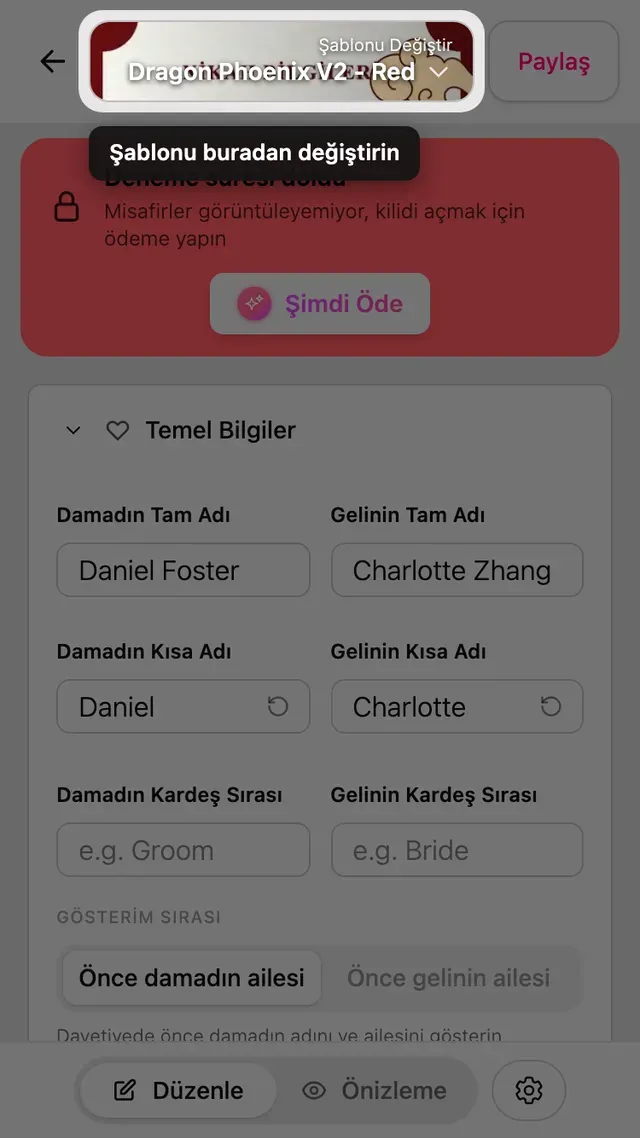 Düzenleyicinin üst kısmındaki Şablonu değiştir düğmesi