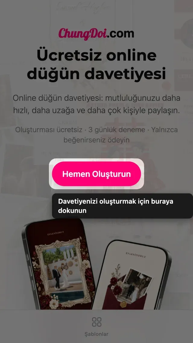 Tạo Thiệp Online ana sayfasındaki davetiye oluştur düğmesi