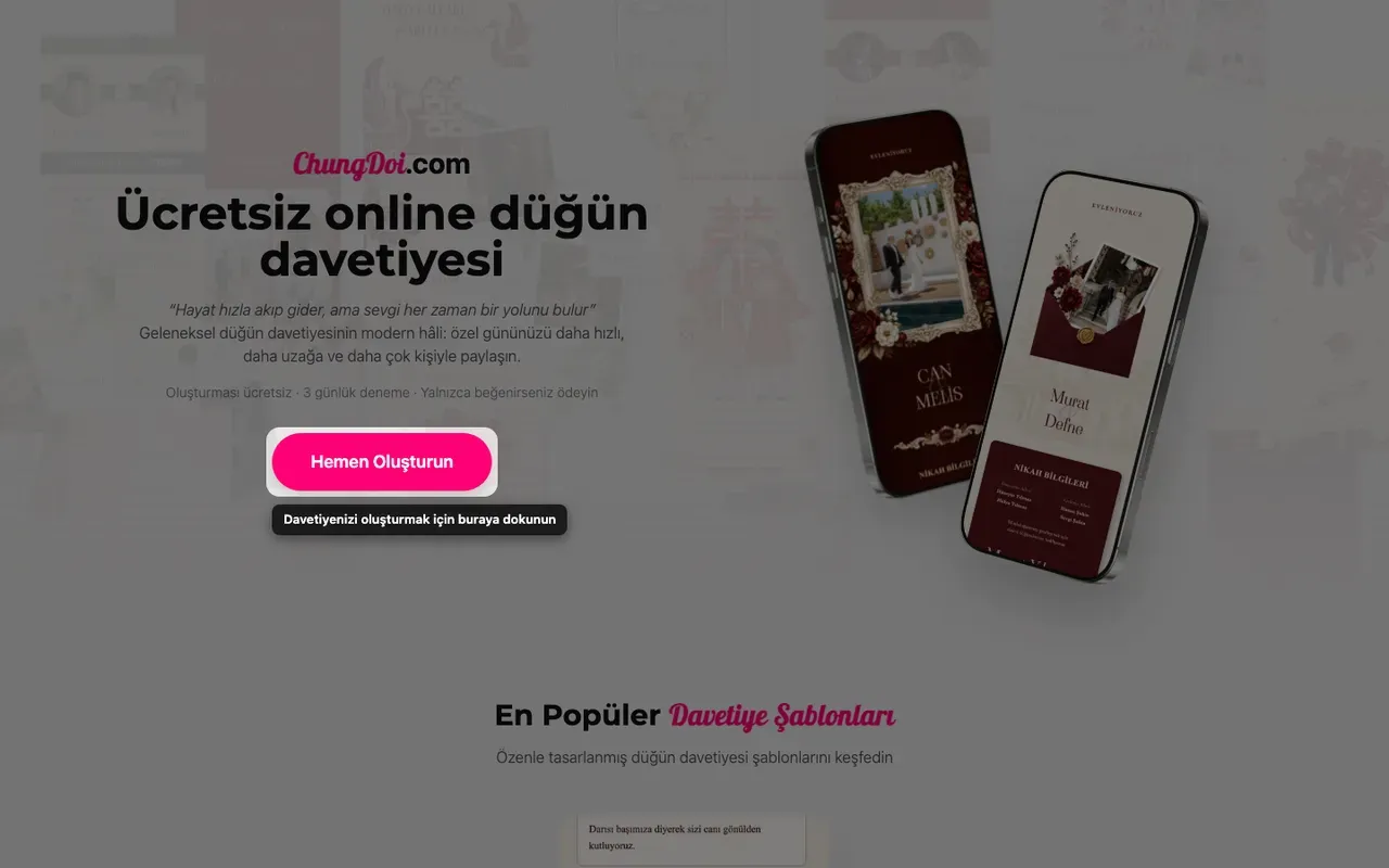 Tạo Thiệp Online ana sayfasındaki davetiye oluştur düğmesi