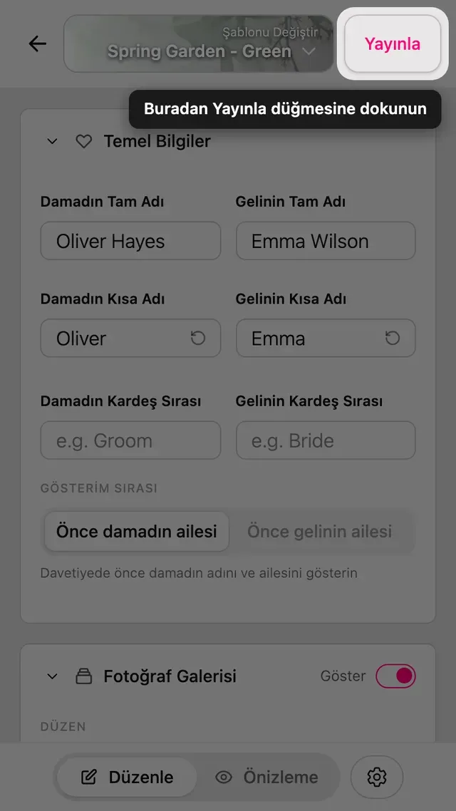 Düzenleyicideki Yayınla düğmesi